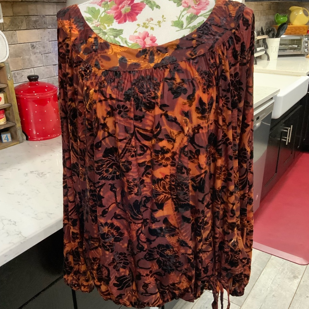 Chico's Burnt Orange and Black Floral Velvet Burnout Blouse